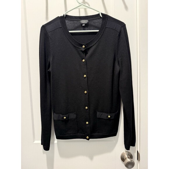 Talbots Military Cardigan Sweater Black Merino Wool Gold Buttons Medium Pockets - Picture 1 of 5